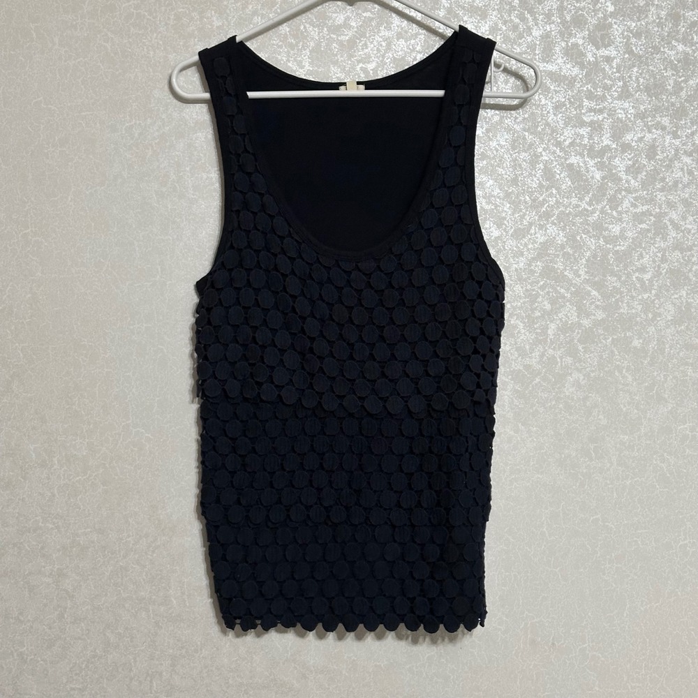 J. Crew Solid Black Tank Top Sleeveless Textured Dot Crochet Overlay Layered M‎